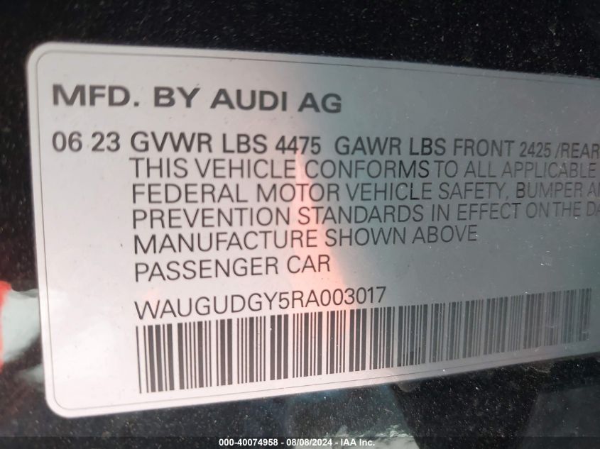 2024 Audi A3 Premium 40 Tfsi Quattro S Tronic VIN: WAUGUDGY5RA003017 Lot: 40074958