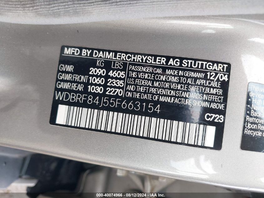 2005 Mercedes-Benz C 320 Luxury 4Matic VIN: WDBRF84J55F663154 Lot: 40074966