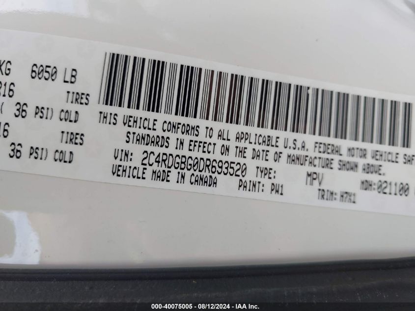 2013 Dodge Grand Caravan American Value Pkg VIN: 2C4RDGBG0DR693520 Lot: 40075005