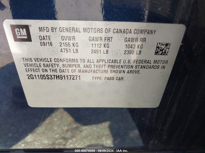 2017 CHEVROLET IMPALA VIN: 2G1105S37H9117271