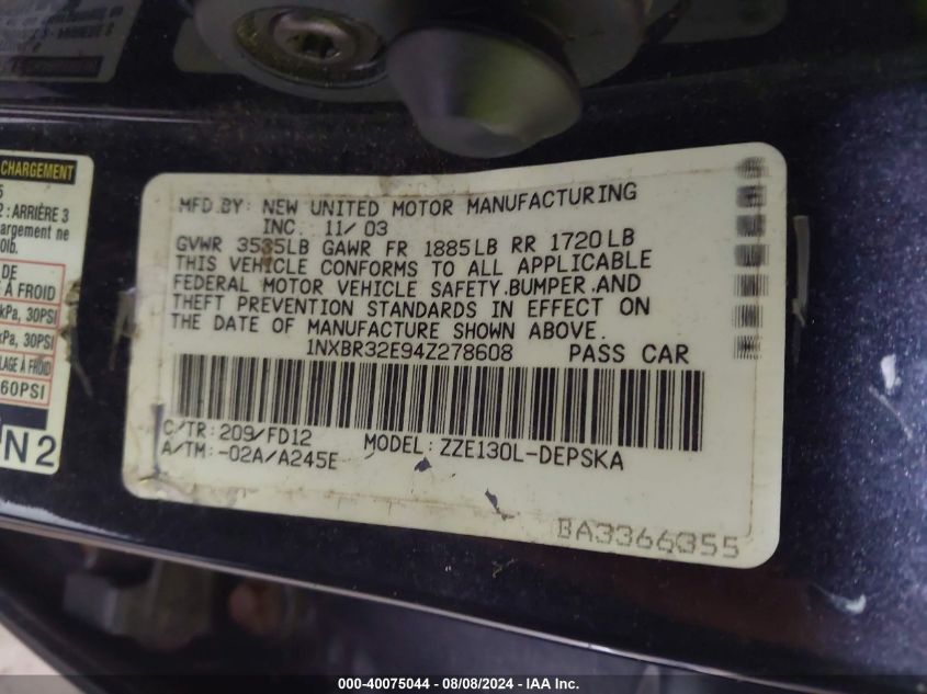 2004 Toyota Corolla S VIN: 1NXBR32E94Z278608 Lot: 40075044