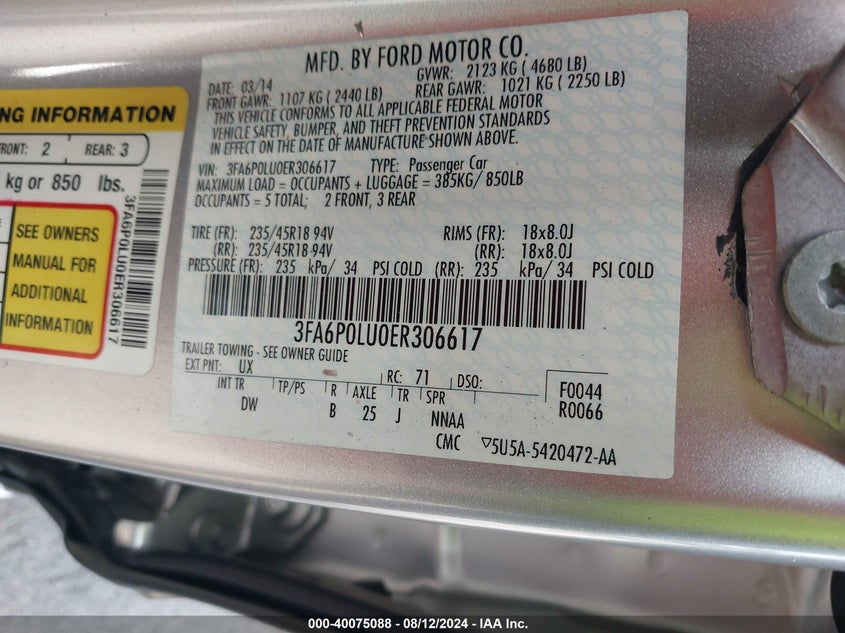 2014 Ford Fusion Hybrid Se VIN: 3FA6P0LU0ER306617 Lot: 40075088