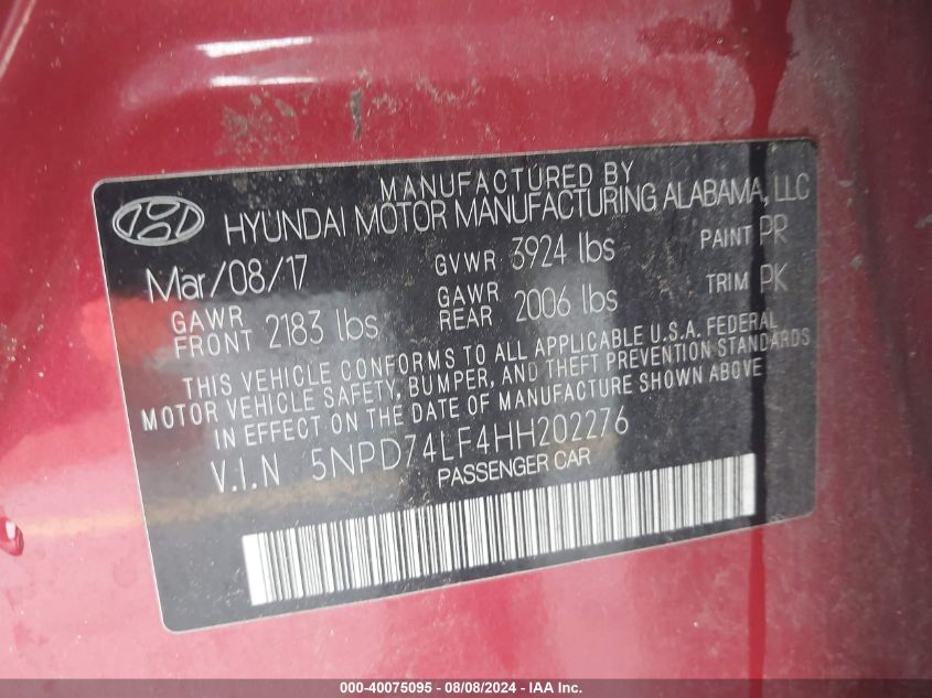 2017 Hyundai Elantra Se VIN: 5NPD74LF4HH202276 Lot: 40075095