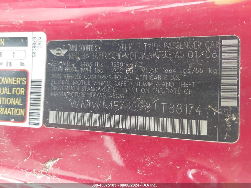 2008 Mini Cooper S VIN: WMWMF73598TT88174 Lot: 40075103