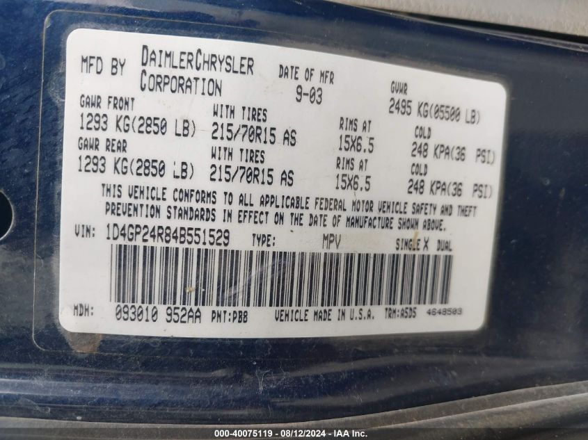 2004 Dodge Grand Caravan Se VIN: 1D4GP24R84B551529 Lot: 40075119