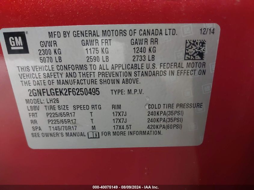 2015 Chevrolet Equinox 2Lt VIN: 2GNFLGEK2F6250495 Lot: 40075149