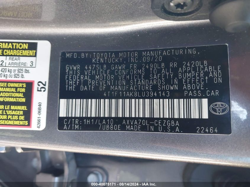 4T1F11AK8LU394143 2020 Toyota Camry Xle