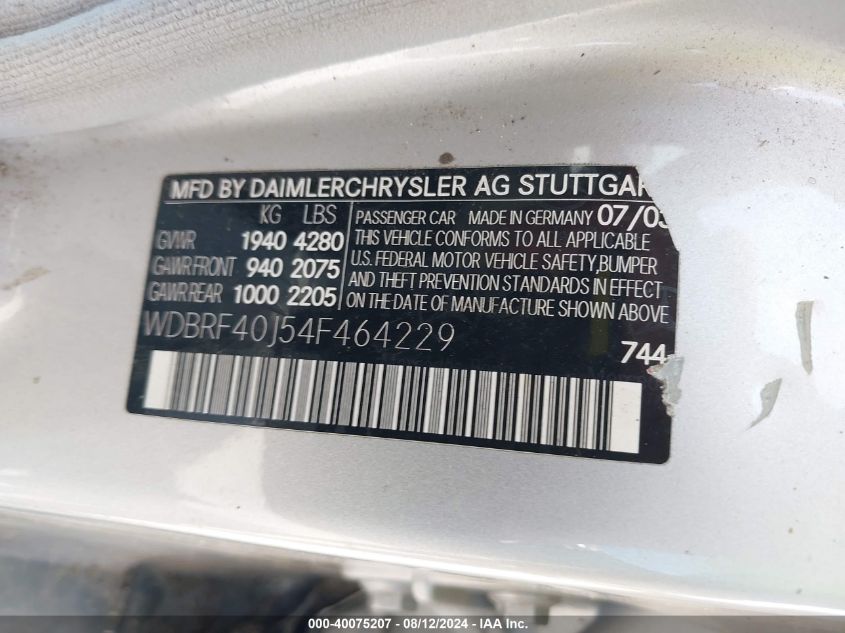 2004 Mercedes-Benz C 230K Sport Sedan VIN: WDBRF40J54F464229 Lot: 40075207