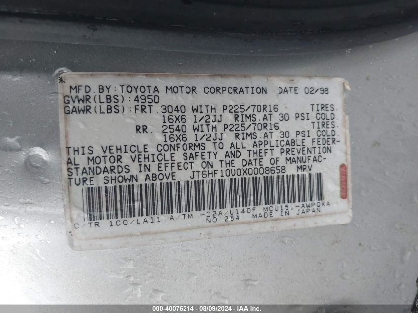 1999 Lexus Rx 300 VIN: JT6HF10U0X0008658 Lot: 40075214