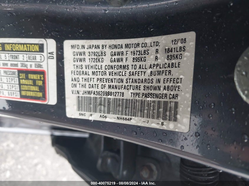 2009 Honda Civic Hybrid VIN: JHMFA36209S012778 Lot: 40075219