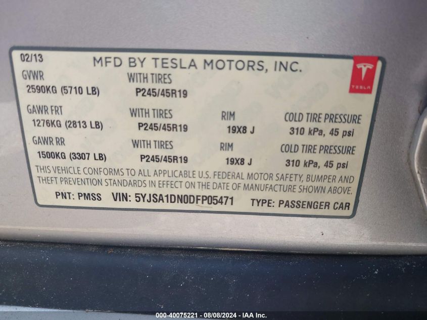 5YJSA1DN0DFP05471 2013 Tesla Model S