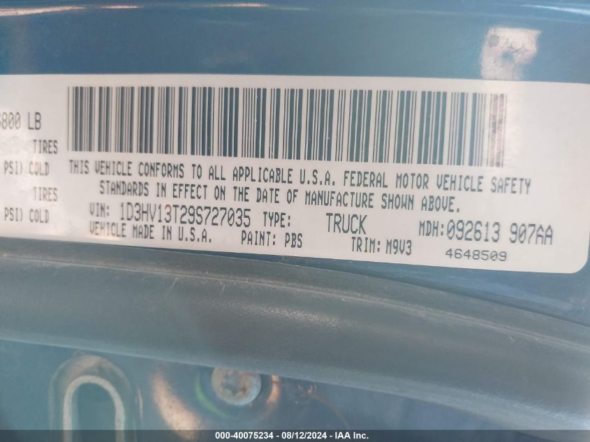 2009 Dodge Ram 1500 Slt/Sport/Trx VIN: 1D3HV13T29S727035 Lot: 40075234