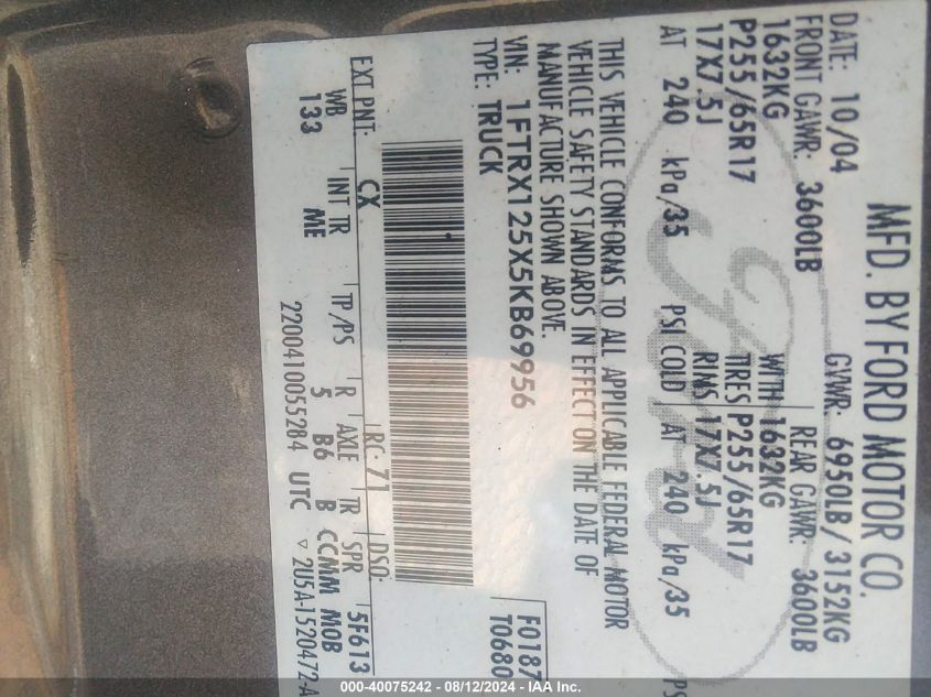 2005 Ford F150 VIN: 1FTRX125X5KB69956 Lot: 40075242