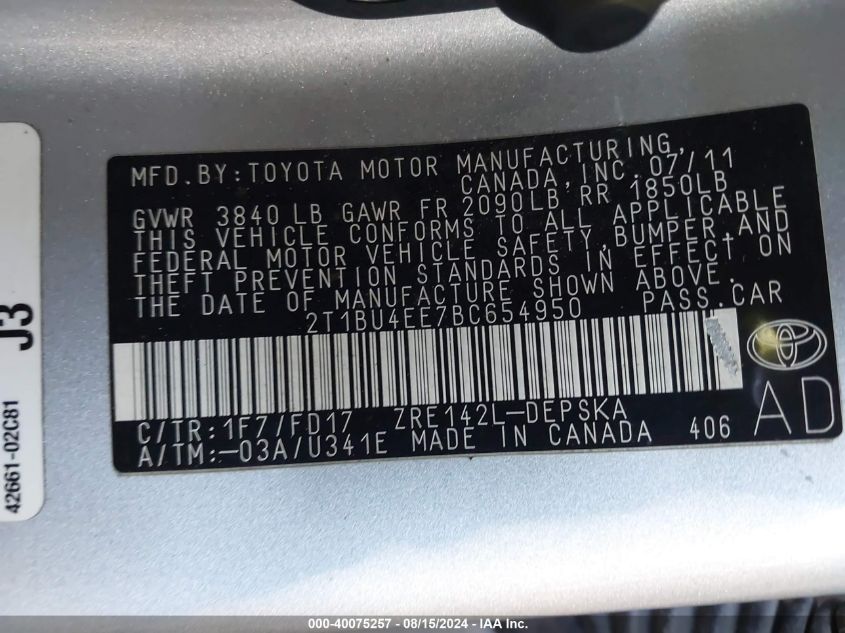 2011 Toyota Corolla S VIN: 2T1BU4EE7BC654950 Lot: 40075257