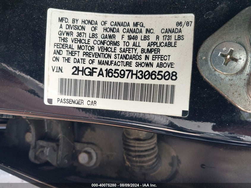 2007 Honda Civic Lx VIN: 2HGFA16597H306508 Lot: 40075280