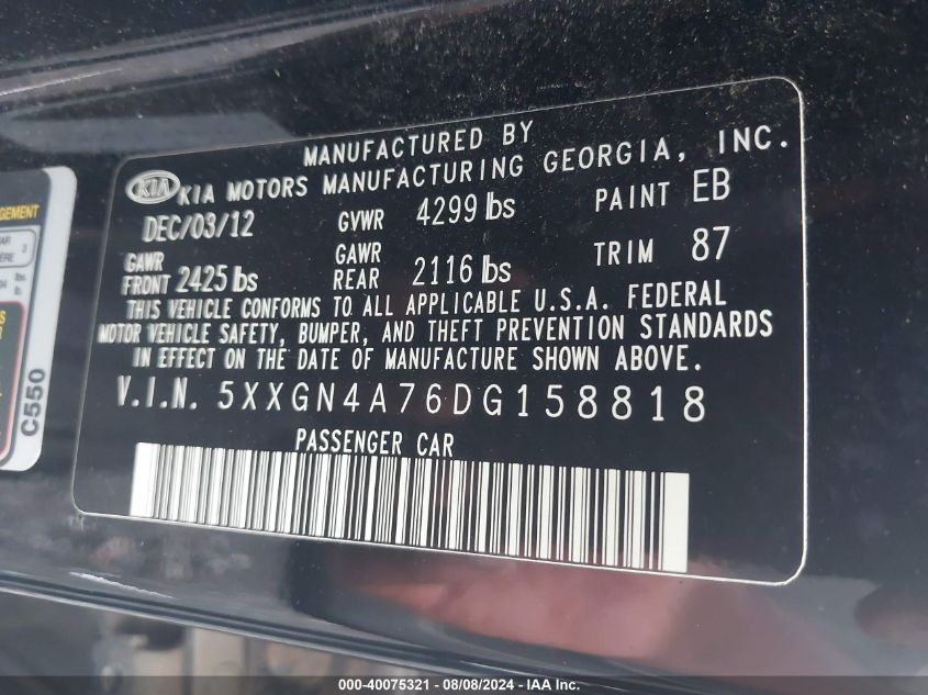 2013 Kia Optima Ex VIN: 5XXGN4A76DG158818 Lot: 40075321