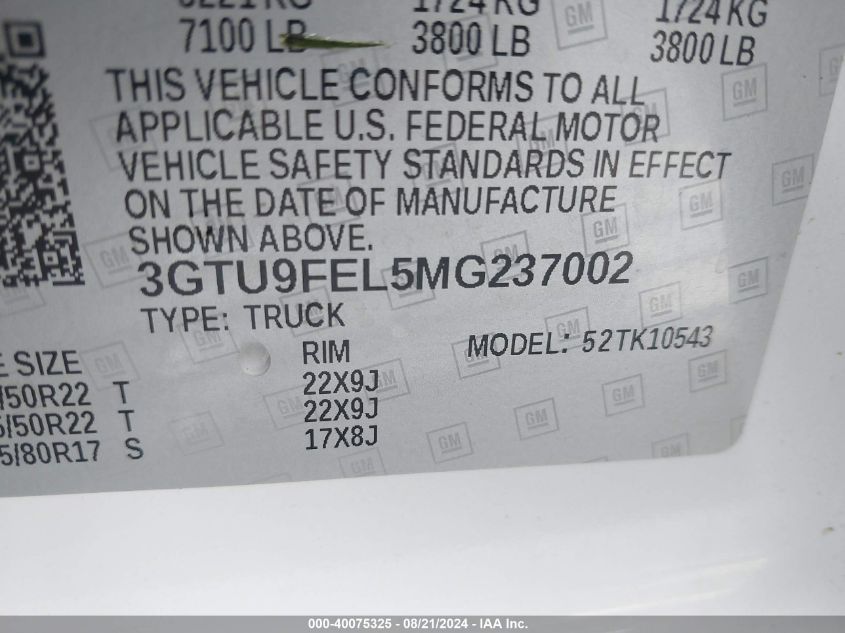 2021 GMC Sierra K1500 Denali VIN: 3GTU9FEL5MG237002 Lot: 40075325