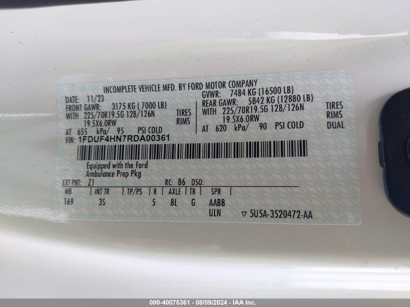 2024 Ford F450 Super Duty VIN: 1FDUF4HN7RDA00361 Lot: 40075361