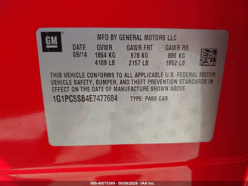 2014 Chevrolet Cruze Lt VIN: 1G1PC5SB4E7477684 Lot: 40075369