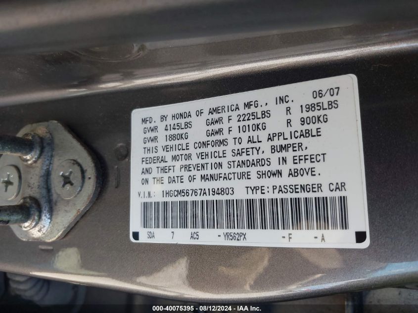 1HGCM56767A194803 2007 Honda Accord 2.4 Ex