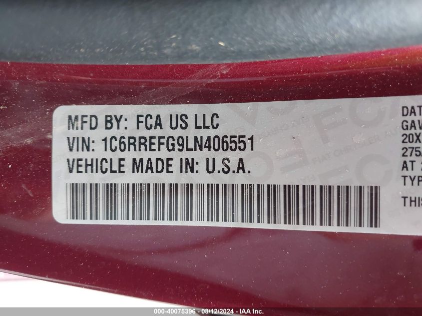 2020 Ram 1500 Big Horn 4X2 5'7 Box VIN: 1C6RREFG9LN406551 Lot: 40075396