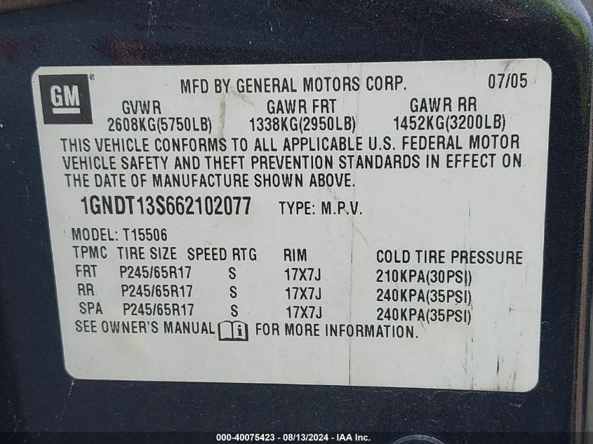 2006 Chevrolet Trailblazer Ls/Lt VIN: 1GNDT13S662102077 Lot: 40075423