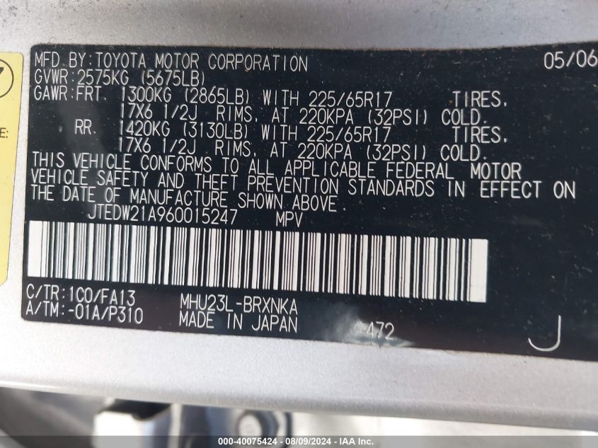 2006 Toyota Highlander Hybrid V6 VIN: JTEDW21A960015247 Lot: 40075424