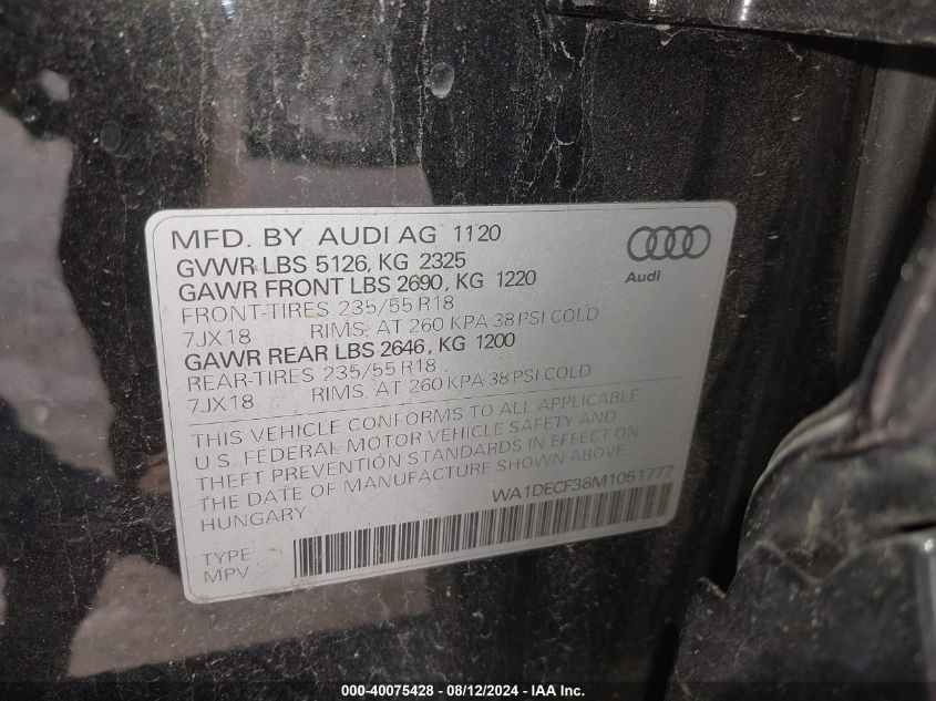 2021 Audi Q3 Premium 45 Tfsi S Line Quattro Tiptronic VIN: WA1DECF38M1051777 Lot: 40075428