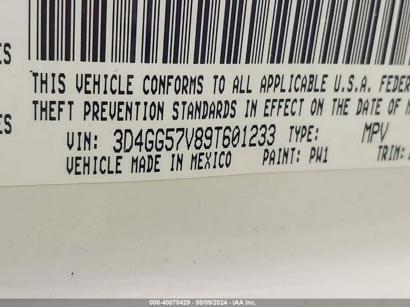 2009 Dodge Journey Sxt VIN: 3D4GG57V89T601233 Lot: 40075429