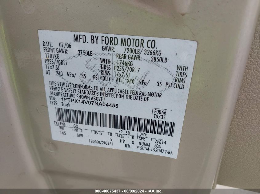 2007 Ford F-150 VIN: 1FTPX14V07NA04455 Lot: 40075437