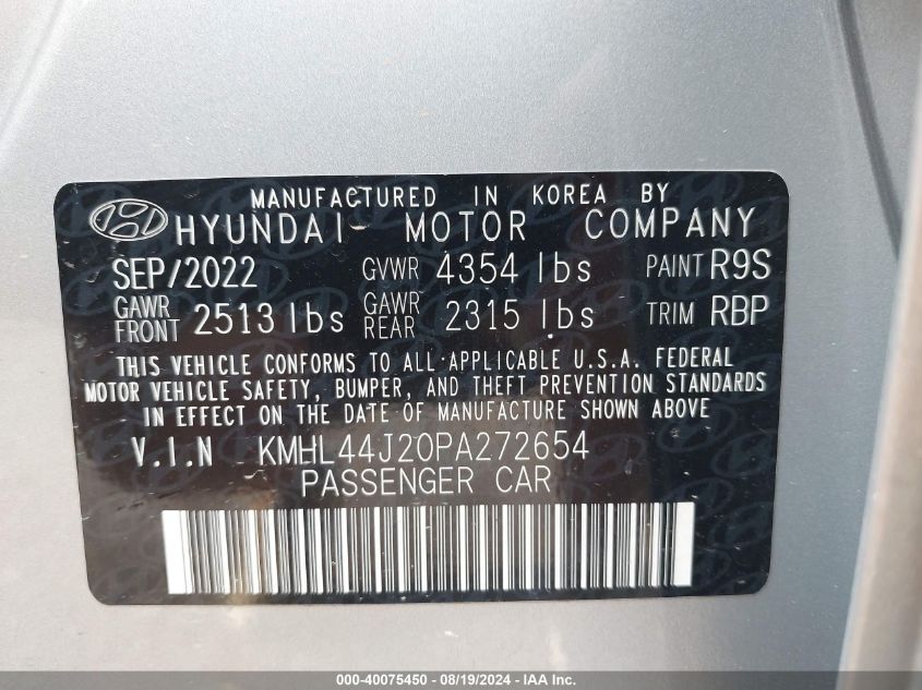 2023 Hyundai Sonata Sel Plus VIN: KMHL44J20PA272654 Lot: 40075450