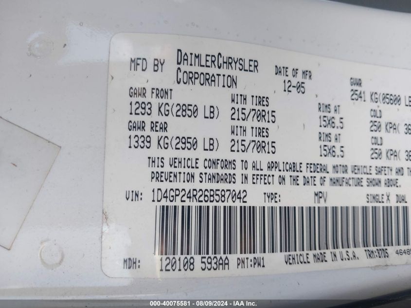 2006 Dodge Grand Caravan Se VIN: 1D4GP24R26B587042 Lot: 40075581