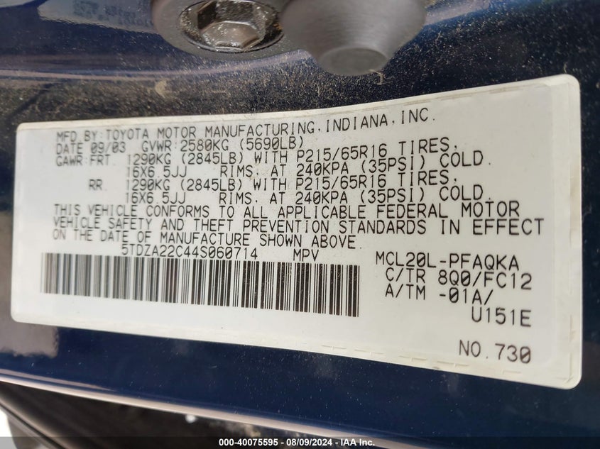 2004 Toyota Sienna Xle VIN: 5TDZA22C44S060714 Lot: 40075595