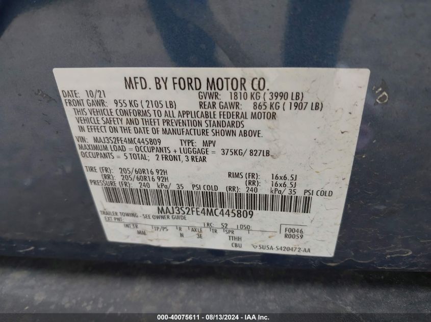 2021 Ford Ecosport S VIN: MAJ3S2FE4MC445809 Lot: 40075611