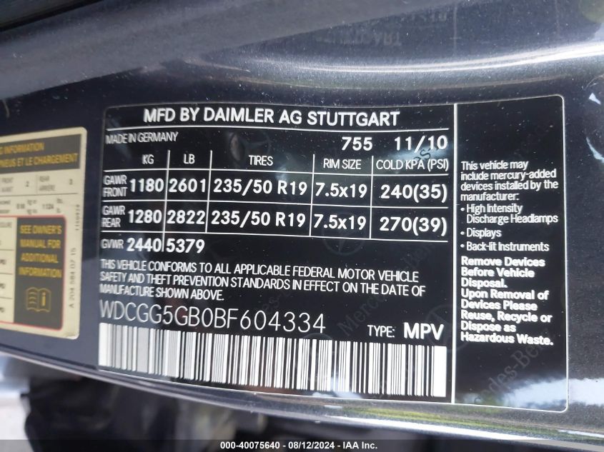 2011 Mercedes-Benz Glk 350 VIN: WDCGG5GB0BF604334 Lot: 40075640