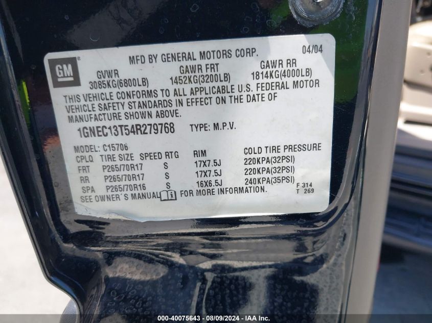 2004 Chevrolet Tahoe Lt VIN: 1GNEC13T54R279768 Lot: 40075643