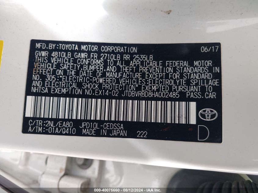 2017 Toyota Mirai VIN: JTDBVRBD8HA002485 Lot: 40075660