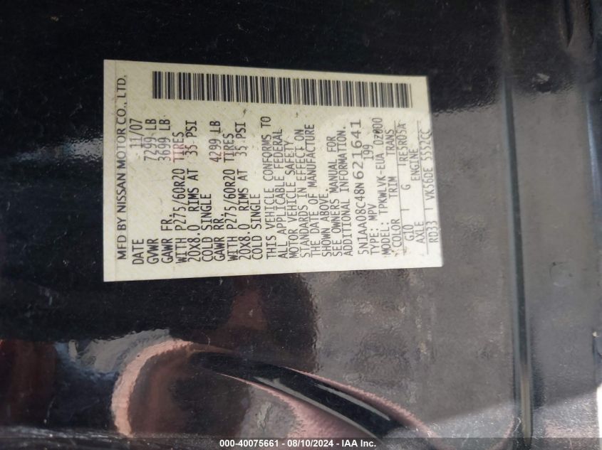 2008 Nissan Armada Le VIN: 5N1AA08C48N621641 Lot: 40075661