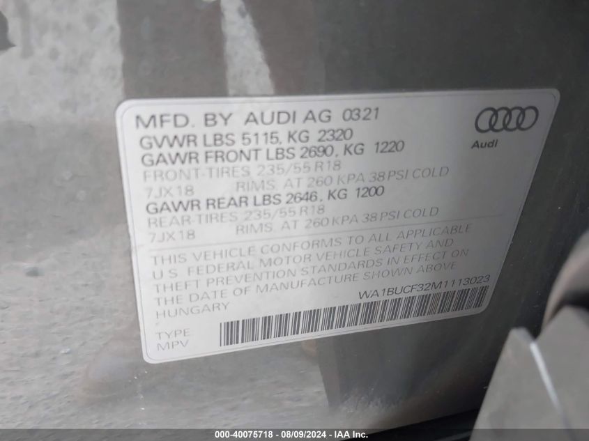 2021 Audi Q3 Premium Plus 40 VIN: WA1BUCF32M1113023 Lot: 40075718