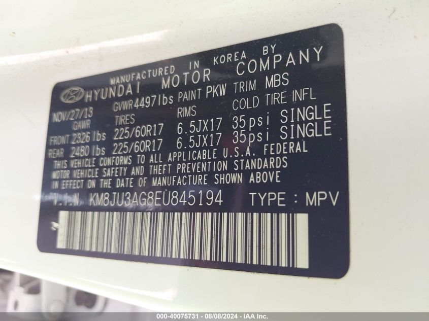 2014 Hyundai Tucson Se VIN: KM8JU3AG8EU845194 Lot: 40075731