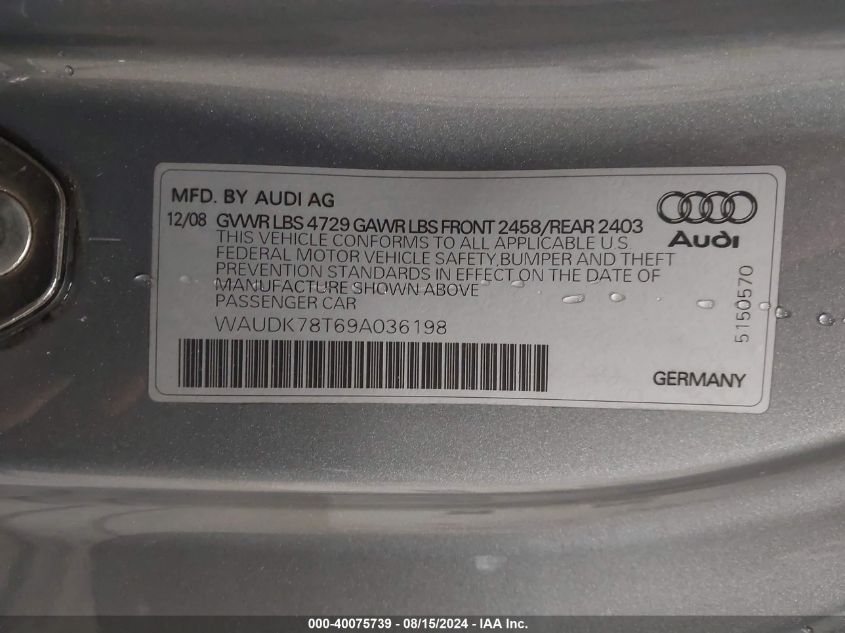 2009 Audi A5 3.2L VIN: WAUDK78T69A036198 Lot: 40075739