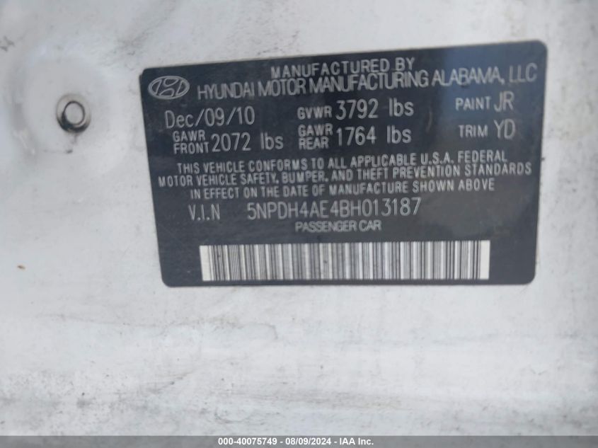 2011 Hyundai Elantra Gls VIN: 5NPDH4AE4BH013187 Lot: 40075749