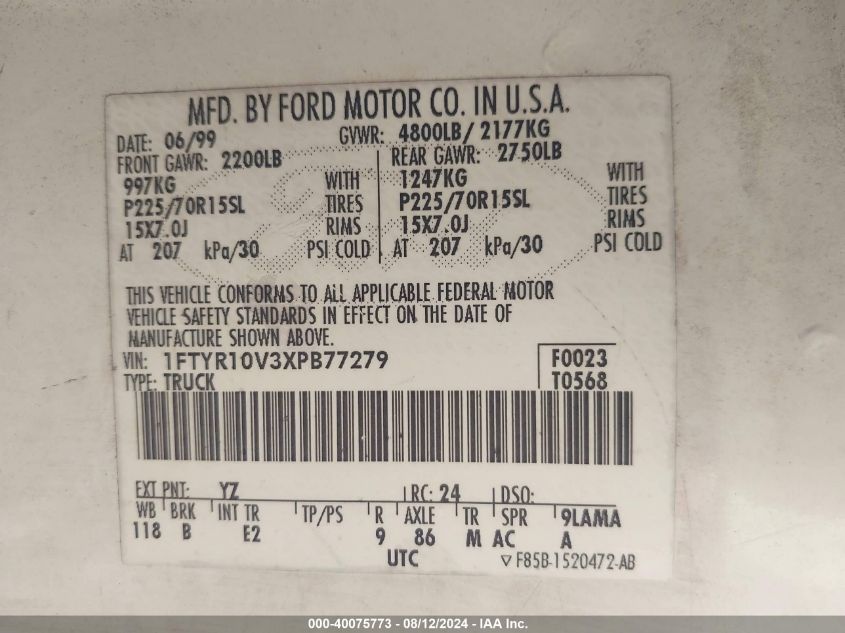 1999 Ford Ranger Xl/Xlt VIN: 1FTYR10V3XPB77279 Lot: 40075773