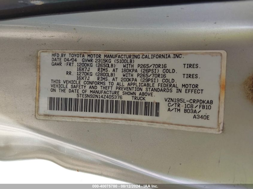 2004 Toyota Tacoma Prerunner V6 VIN: 5TESN92N14Z405376 Lot: 40075780