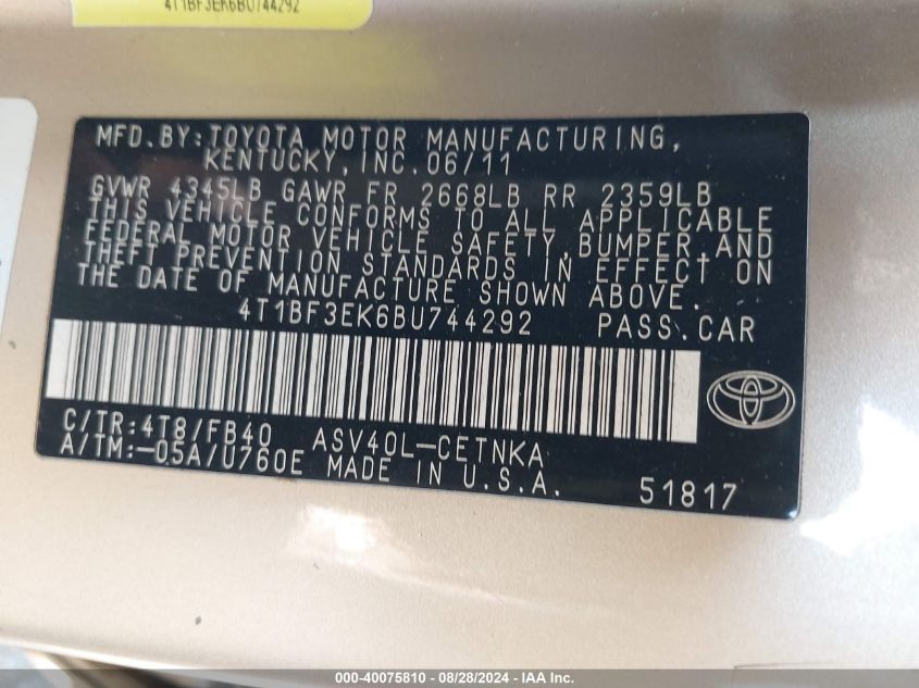 4T1BF3EK6BU744292 2011 Toyota Camry Le