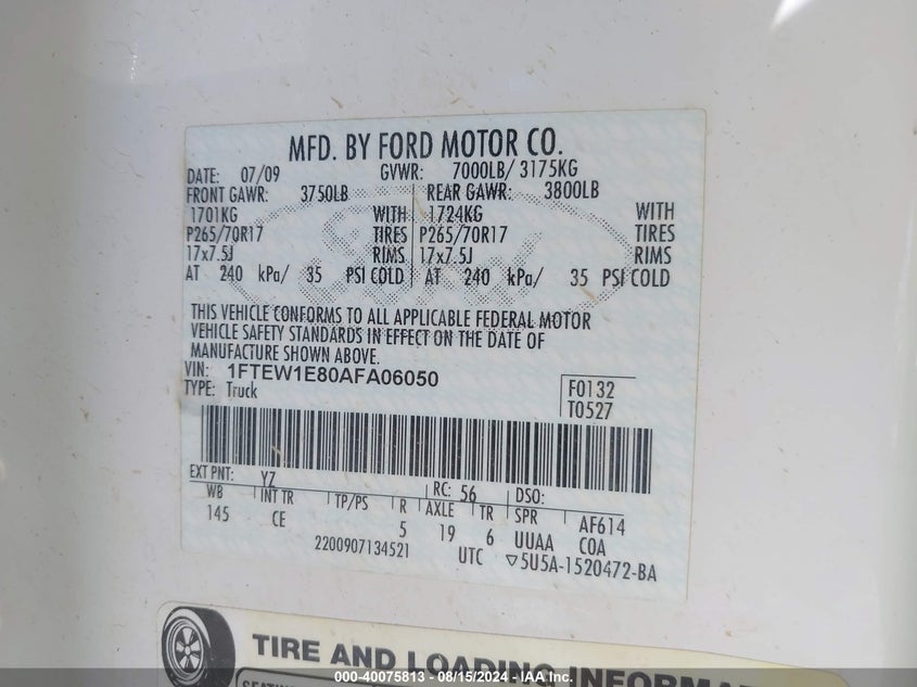 2010 Ford F-150 Xl/Xlt VIN: 1FTEW1E80AFA06050 Lot: 40075813