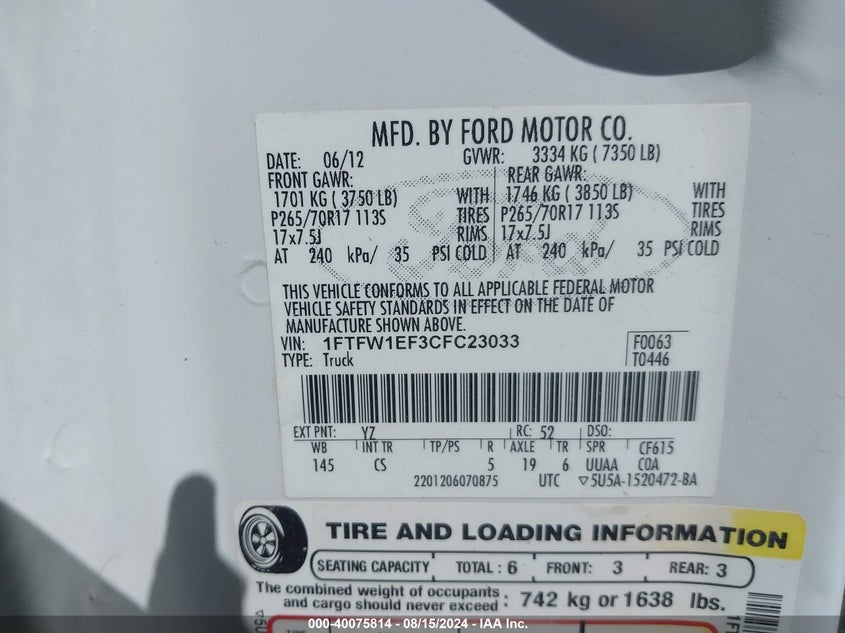 2012 Ford F-150 Xl VIN: 1FTFW1EF3CFC23033 Lot: 40075814