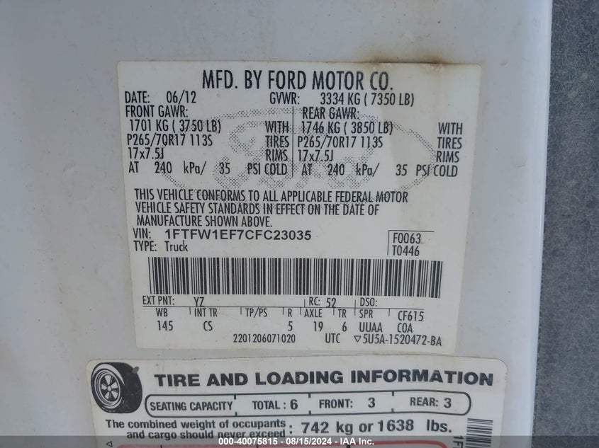 2012 Ford F-150 Xl VIN: 1FTFW1EF7CFC23035 Lot: 40075815