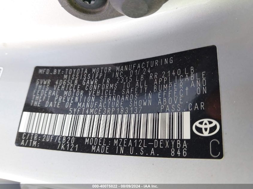 2024 Toyota Corolla Xse VIN: 5YFT4MCE3RP183137 Lot: 40075822