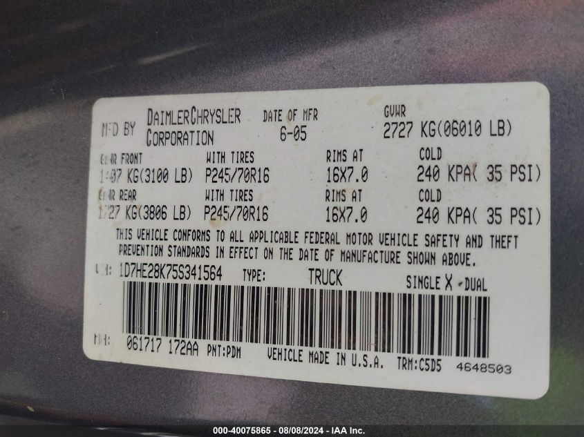 2005 Dodge Dakota St VIN: 1D7HE28K75S341564 Lot: 40075865